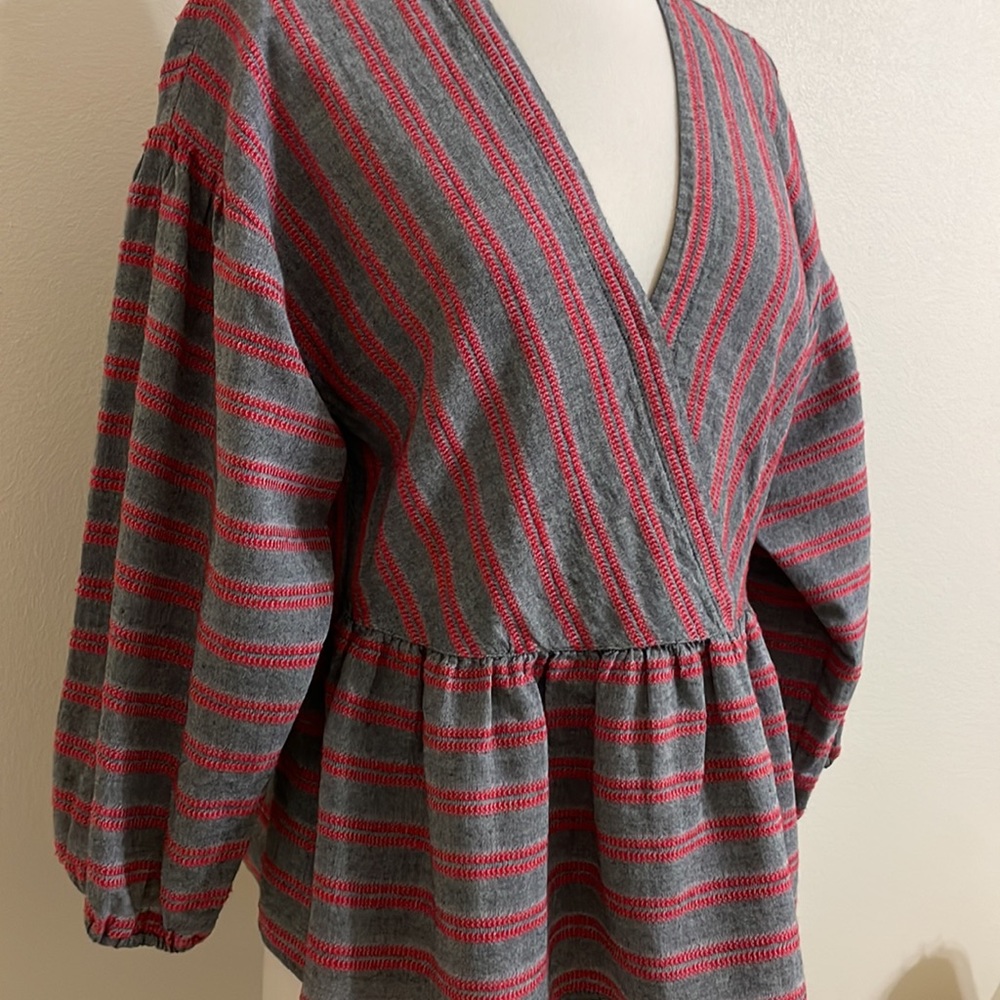 MADEWELL Gray and Red Striped Wrap Front Balloon Sleeve Peplum Hem Top - Picture 6 of 12